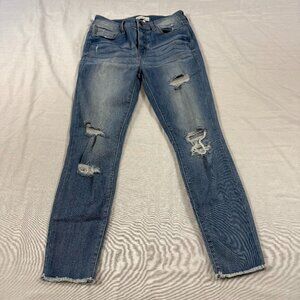 Studio Blue Distressed Skinny Jeans with Frayed Hem | Size 28 Medium Wash